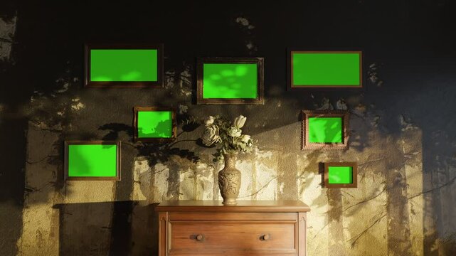 Aged picture frames with green screen hanging on natural landscape mural wall