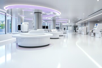 Modern healthcare facility featuring sleek design, bright lighting, and advanced medical equipment for a futuristic environment.