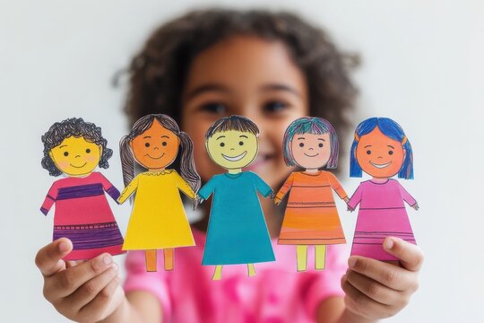 Happy girl holding cutout paper dolls representing diverse characters, promoting inclusivity.