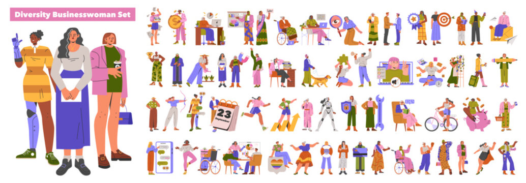 Diversity Businesswoman Set. Flat Vector Illustration