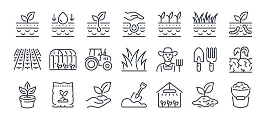 Soil ground and gardening editable stroke outline icons set isolated on white background flat vector illustration. Pixel perfect. 64 x 64