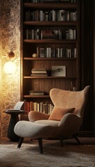 Cozy Reading Nook with Ambient Lighting and Bookshelves for Stress-Free Relaxation