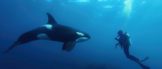 Fototapeta premium Diver in Awe: Close Encounter Swimming with Majestic Orcas in the Wild