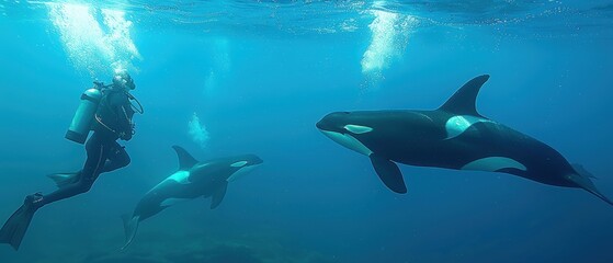 Fototapeta premium Majestic Diver Swimming Among Graceful Orcas in the Wild