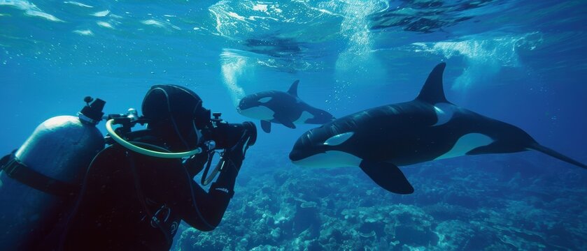 Majestic Diver Swimming Among Graceful Orcas in the Wild