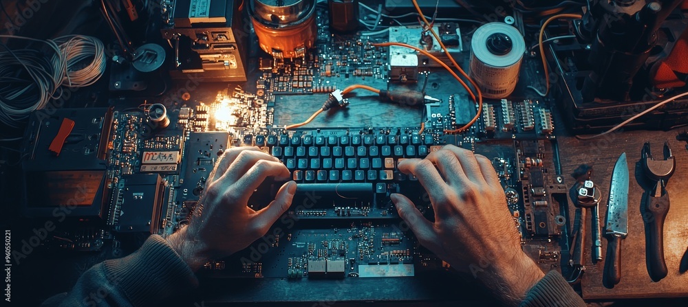 Poster custom keyboard soldering in high-tech workshop for electronics enthusiasts - detailed close-up scen
