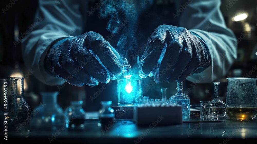 Poster the chemist expertly holds glowing vials surrounded by various glass containers, immersed in an expe