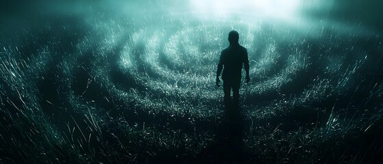 Fototapeta premium Enigmatic Silhouette of a Mysterious Figure Surrounded by Darkness and Eerie Sounds in a Spooky Halloween Maze Paranormal Concept with Copy Space for Text