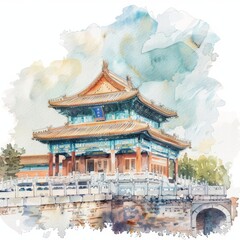 Obraz premium Beautiful watercolor painting of a traditional Asian pagoda with a serene bridge and vibrant sky in the background.