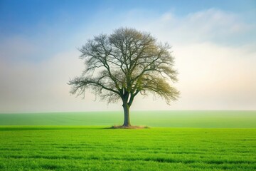 Obraz premium solitary bare tree in the green field enveloped in spring haze, fresh, outdoor, misty, solitary, spring, bare, landscape, calm, branches, mist, growth, meadow, serene, green, haze,tree