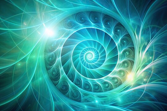 ield in turquoise blue and green hues characterized by wispy radiating energy and a double Fibonacci spiral with a gentle wisp of white light creating an ideal background image for spiritual healing