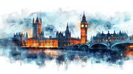Naklejka premium Artistic watercolor painting of London's iconic Big Ben and Westminster Palace reflecting in the Thames River at twilight.