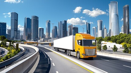 Obraz premium A vibrant cityscape featuring a freight truck on a highway, surrounded by modern skyscrapers under a clear blue sky.