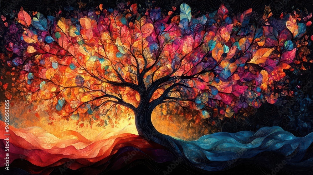 Wall mural vibrant fractal tree kaleidoscopic branches spreading across canvas each limb bursting with psychede