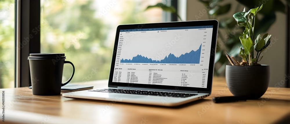 Poster subscription based market analysis services concept photography with laptop data graph office worksp