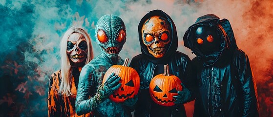 A group of friends dressed in elaborate alien costumes standing together at what appears to be a Halloween costume contest  with carved pumpkins and ominous smoke in the background