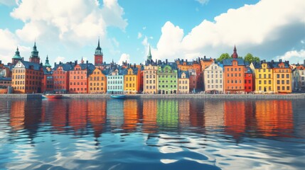 Obraz premium Colorful buildings reflecting in the water on a sunny day in a European city, with a bright and vibrant skyline. Perfect for travel and architecture themes.