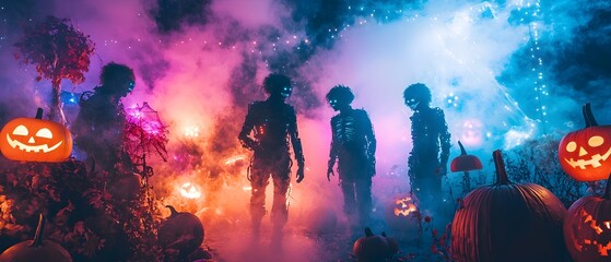 Festive Halloween party scene with futuristic alien inspired decor glowing jack o lanterns and guests dressed in vibrant otherworldly costumes  A surreal imaginative