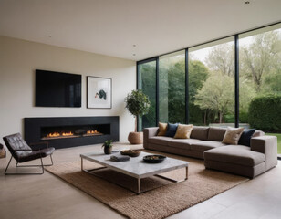 Ampio salotto minimalista con vetrate che danno su una collina verdeggiante, arredamento moderno.