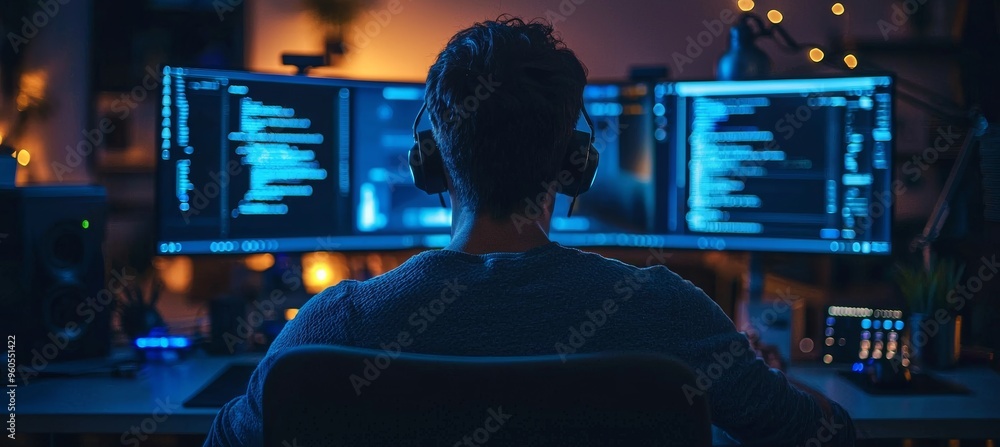 Poster late-night graphic designer utilizing dual monitors and time management apps for efficient workflow