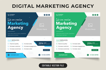 Digital marketing business social media post with green and blue colors. Marketing agency service promotional template design. Modern business advertisement web banner vector with photo placeholders.
