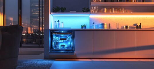 Obraz premium Futuristic Renewable Energy-Powered Dishwashing Machine in a Modern Smart Home Environment