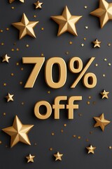 Eye-catching promotional image featuring a bold '70% off' text with gold stars on a dark background, perfect for sales and marketing.