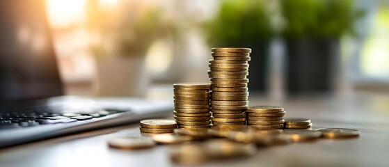 Subscription Based Affiliate Marketing Services for Reliable Passive Income Concept Represented by Stacked Golden Coins on Wooden Table with Copy Space for Text