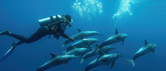 Fototapeta premium Majestic Diver Swimming Among Playful Pod of Dolphins in Crystal Clear Waters
