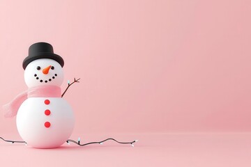 A cheerful snowman with a black hat and pink scarf, standing against a soft pink background, ready to celebrate winter festivities.