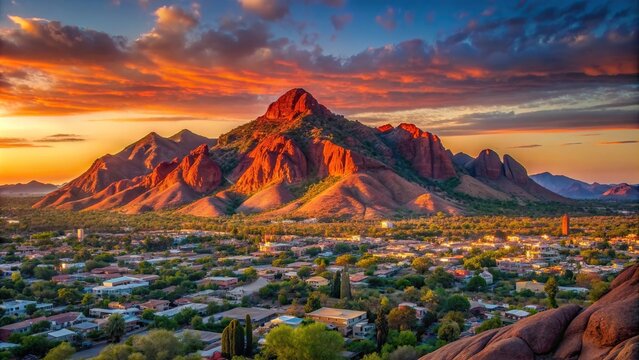 Late evening sun casting a warm red glow on the majestic Camelback Mountain in Phoenix Scottsdale Arizona USA, hiking, red glow, sunset,late evening, destination, scenery, Camelback Mountain