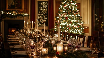 Elegant Christmas Dinner Party Table Setting with Candles and Bokeh Holiday Lights for Festive Decor