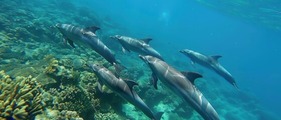 Fototapeta premium Graceful Dolphin Pod Playing at Ocean Surface