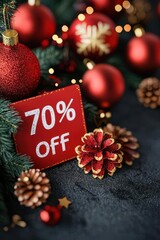 Festive holiday scene featuring decorations, ornaments, and a discount sign emphasizing seasonal savings.