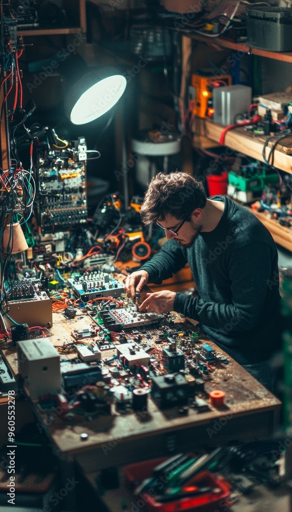 Aufkleber innovative diy smart speaker project using recycled materials in a tech-filled workshop