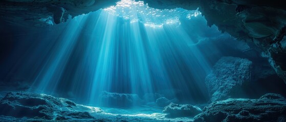 Mystical Underwater Cave: Sunbeams Illuminating Subaquatic Entrance