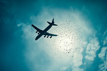 Large airplane releasing flock of birds in the sky during a peaceful flight at sunset