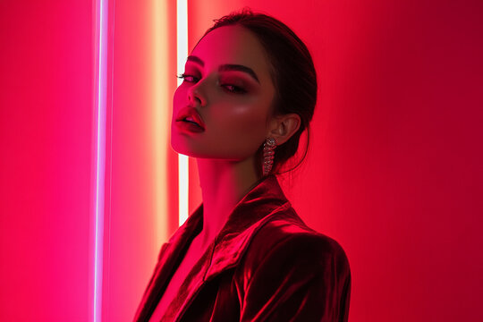 High Energy Womans Burgundy Velvet Jacket with Solid Neon Coral Trendsetting Fashion Lifestyle Portrait Background