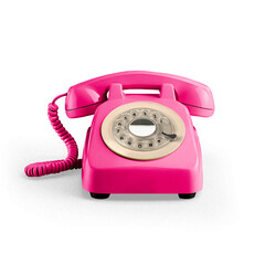 Pink 70s phone as a concept of contact, communication and response to customers, with transparent background and shadow