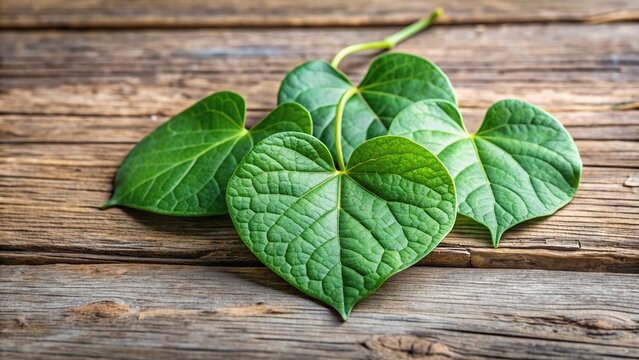 A close up stock photo of Tinospora cordifolia herb also known as Heart leaved moonseed guduchi or giloy crispa placed on a wooden background with a shallow depth of field