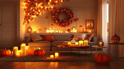 Obraz premium A living room with candles on the coffee table