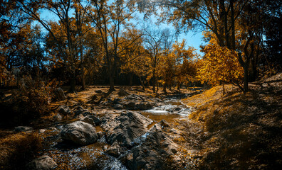 Stream of Paseo de los Arroyos in Villa General Belgrano on a sunny day