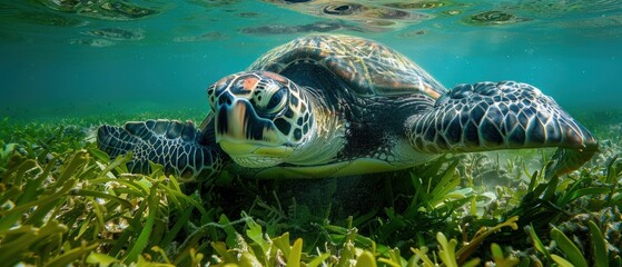 Obraz premium Majestic Sea Turtle Feeding on Lush Underwater Vegetation