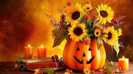 Obraz premium a pumpkin-shaped flower arrangement with sunflowers, leaves 