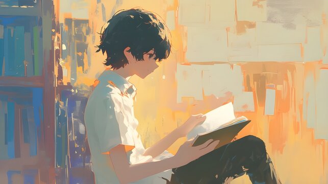 An anime character sits reading a book, with the scene reduced to essential elements: a few lines to represent the book and the character, and a softly colored background.