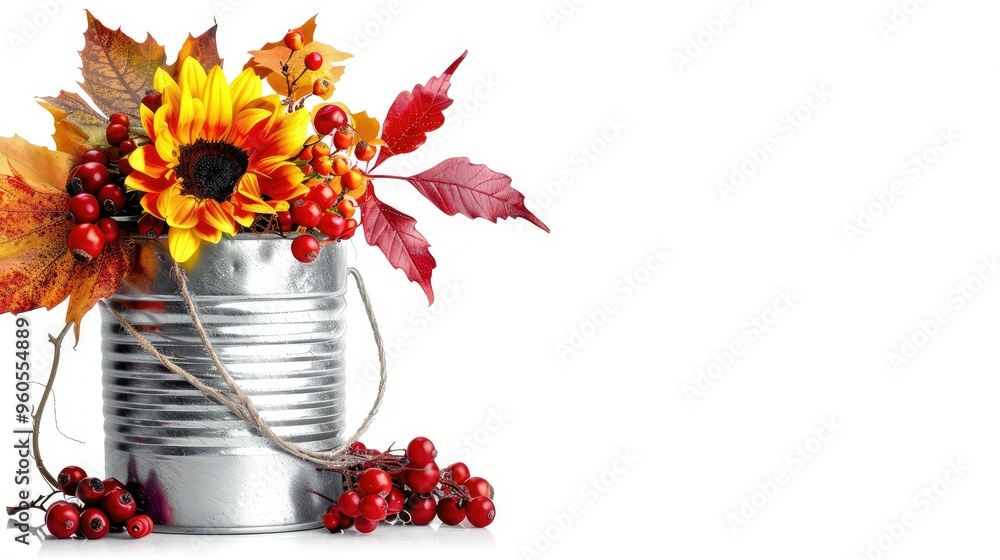 Poster A beautiful autumnal floral arrangement with sunflowers, leaves