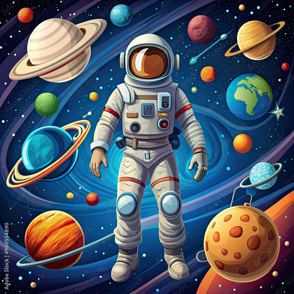 Poster a cartoon astronaut in a white spacesuit floats in a colorful space scene, surrounded by planets and
