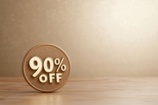 Wooden sign displaying a 90% off sale on a golden background, ideal for promotional marketing campaigns and discounts.