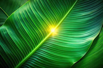 Obraz premium tropical environment, fantasy, enchanting, nature, close-up, green, illuminated, Tropical banana leaf texture background with a glow in the dark color toned forced perspective effect