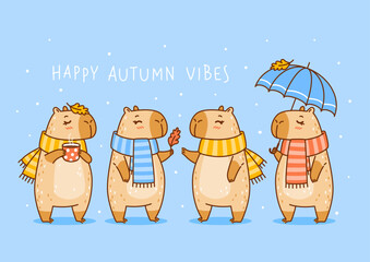 Cute сartoon capybaras horizontal border - funny animals for Your cozy autumn design 2